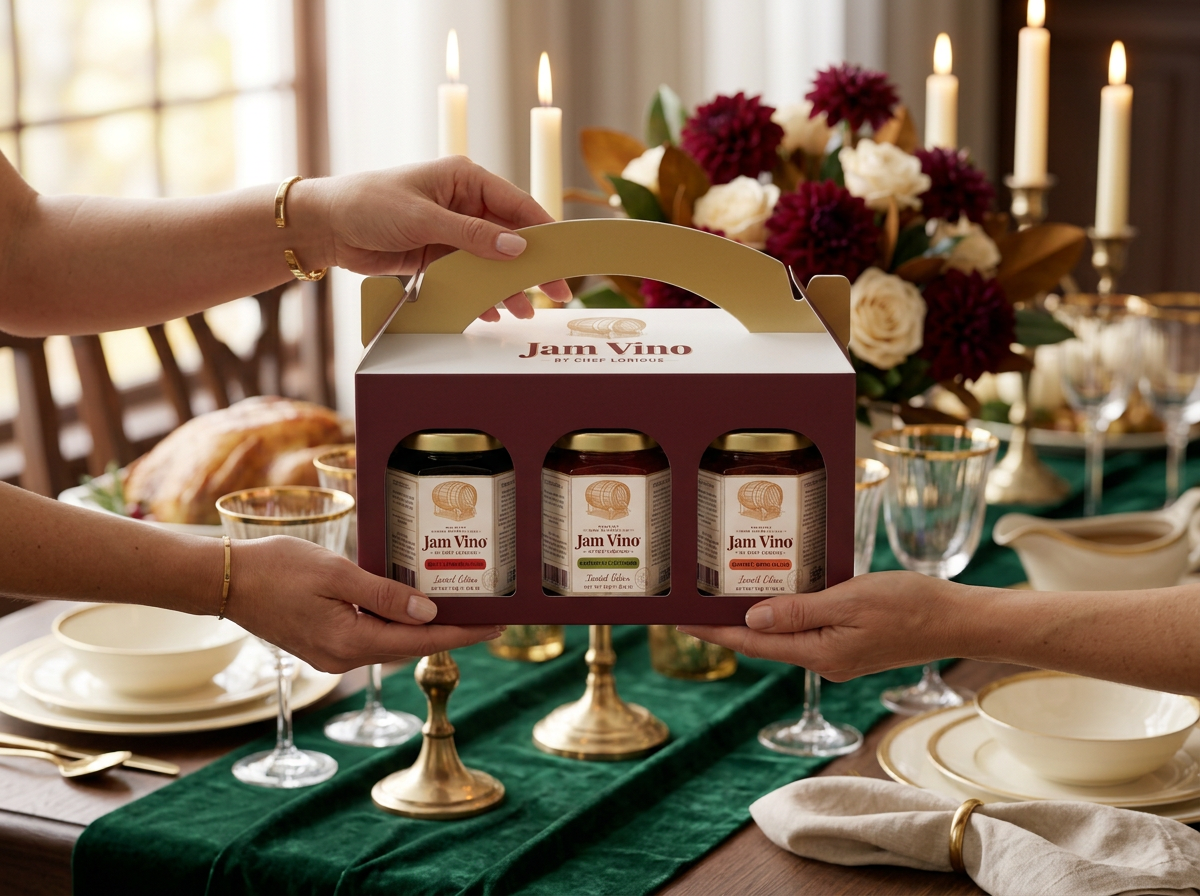 Jam Vino gift box being presented as a hostess gift, holding the three Limited Edition holiday flavors