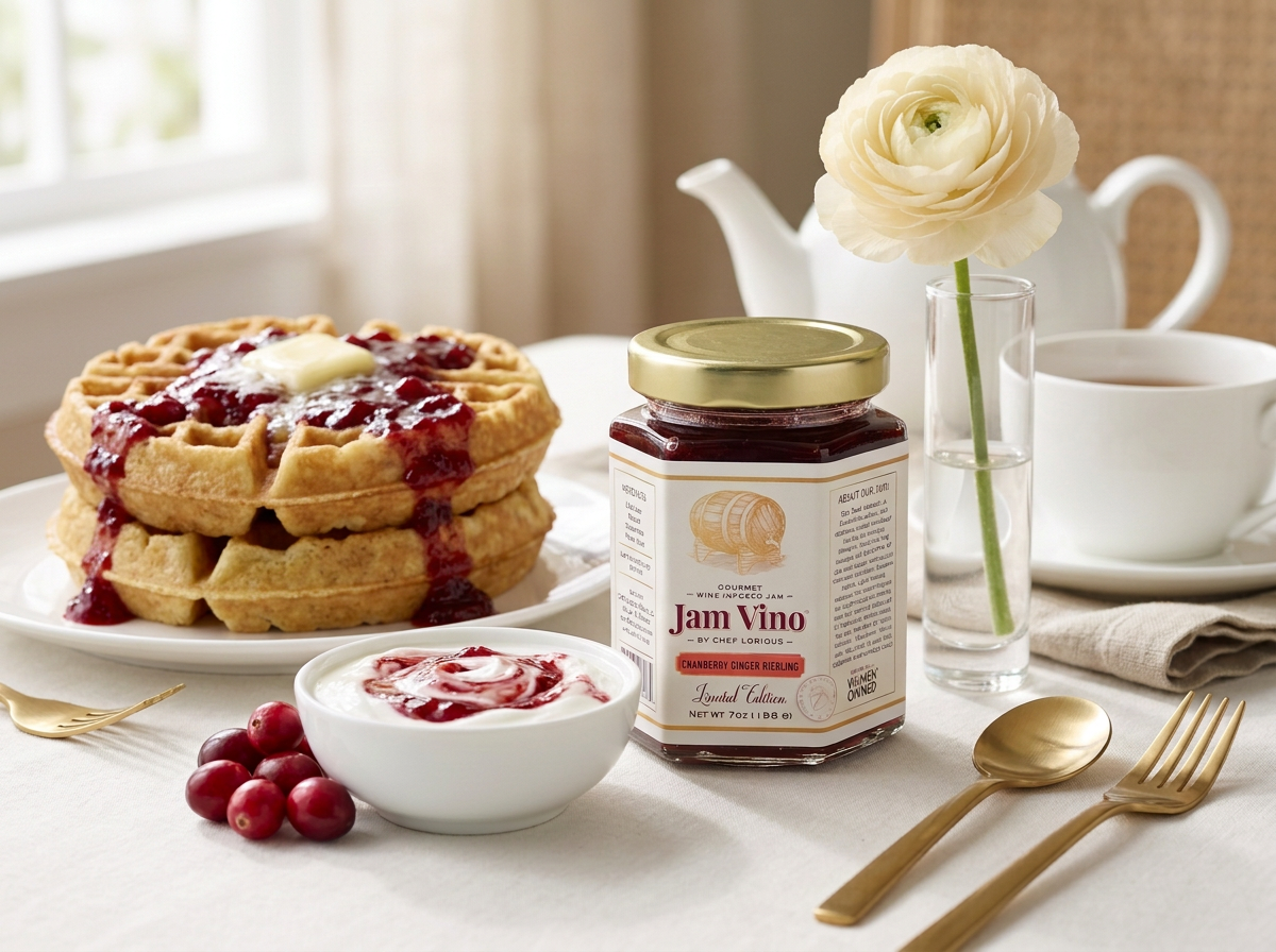 Thick golden waffles with cranberry jam beside a single flower in a vase