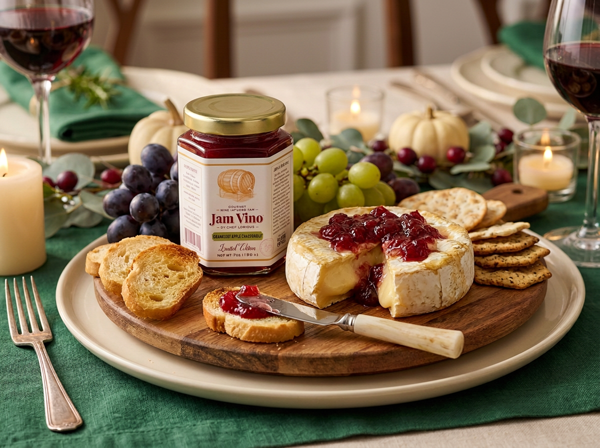 Jam Vino on warm baked brie with baguette and crackers
