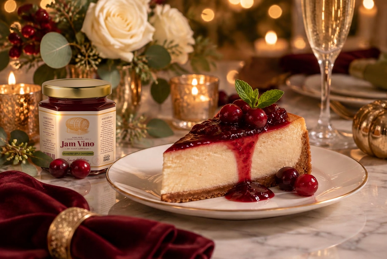 Cheesecake slice topped with glossy cranberry jam beside a jar of Jam Vino, candles and roses behind it