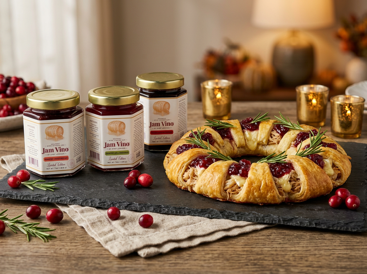 Jam Vino jars beside a golden turkey, brie and cranberry crescent ring on a slate board