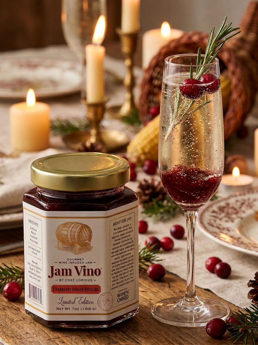 Holiday prosecco cocktail with cranberry jam, cranberries and rosemary beside Jam Vino