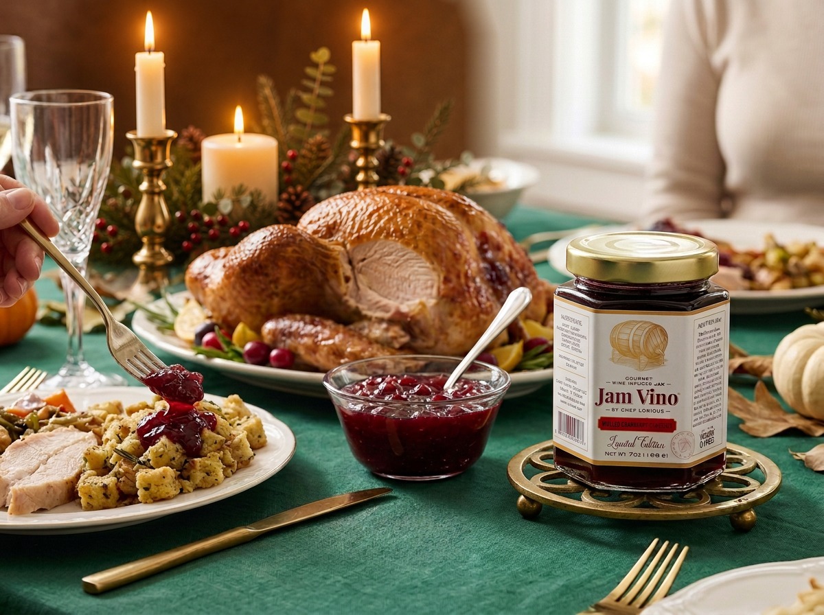 Jam Vino on herb stuffing beside roasted turkey with candles behind it